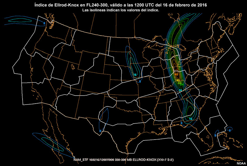 Animación del índice Ellrod-Knox sobre los Estados Unidos en el nivel de vuelo FL240-300, válido entre las 1200 UTC del 16 de febrero de 2016 y las 0600 UTC del 17 de febrero de 2016.