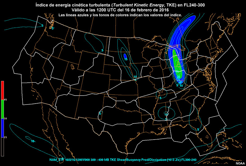 Animación del índice de energía cinética turbulenta (turbulent kinetic energy, TKE) sobre los Estados Unidos en el nivel de vuelo FL240-300, válido entre las 1200 UTC del 16 de febrero de 2016 y las 0600 UTC del 17 de febrero de 2016.