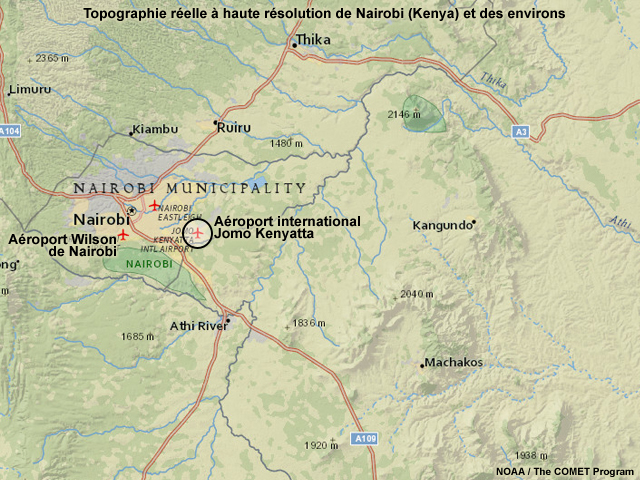 Topographie réelle à une résolution de moins d'un kilomètre, autour de Nairobi (Kenya).