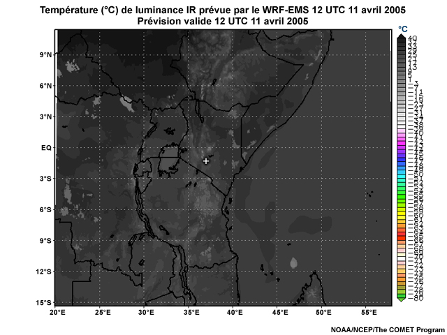 Temprature de luminance infrarouge simule par le modle WRF-EMS, 12UTC 16 UTC, le 11 avril 2005.