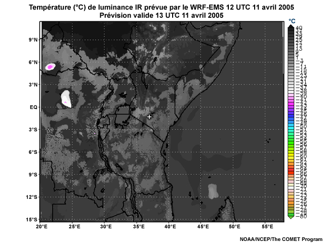 Température de luminance infrarouge simulée par le modèle WRF-EMS, 12 UTC à 16 UTC, le 11 avril 2005.