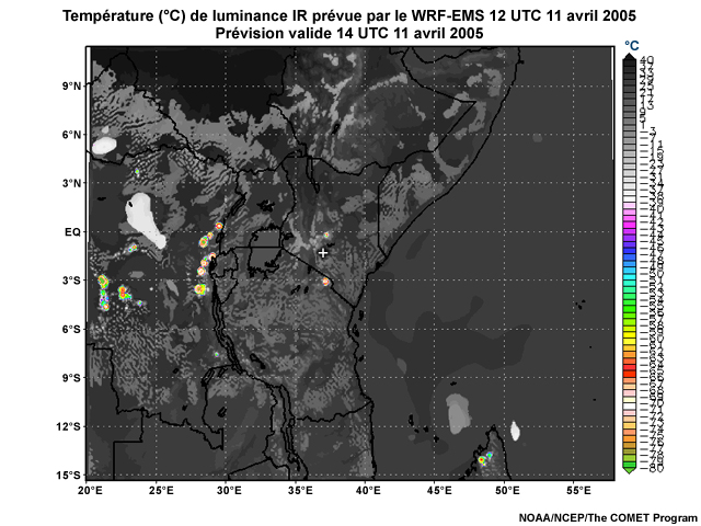 Température de luminance infrarouge simulée par le modèle WRF-EMS, 12 UTC à 16 UTC, le 11 avril 2005.
