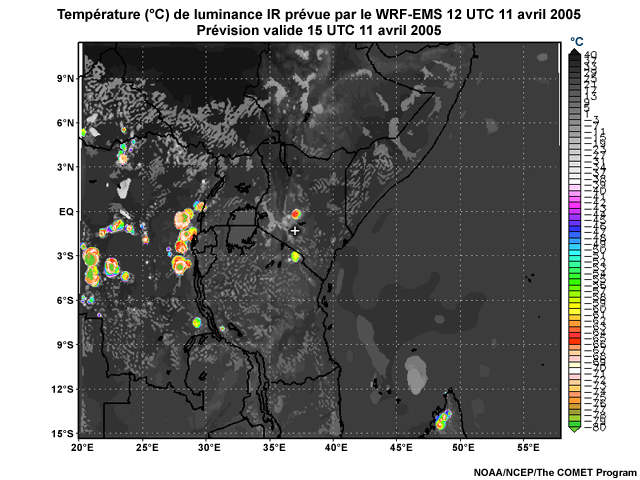Température de luminance infrarouge simulée par le modèle WRF-EMS, 12 UTC à 16 UTC, le 11 avril 2005.