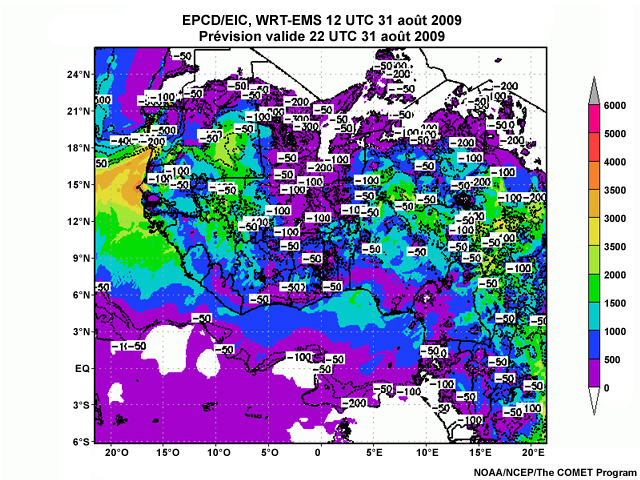 Énergie potentielle de convection disponible et énergie d'inhibition de la convection prévues par le modèle WRF-EMS à 12 UTC, le 31 août 2009. Prévision valide à 22 UTC, le 31 août 2009.