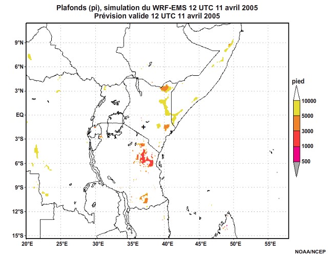Diagnostic de plafond nuageux (en pied) issu du modle WRF-EMS, pour l'Afrique orientale, simulation du 12UTC, le 11 avril 2005.  Animation  intervalles d'une heure, finissant  18UTC, le 12 avril 2005.