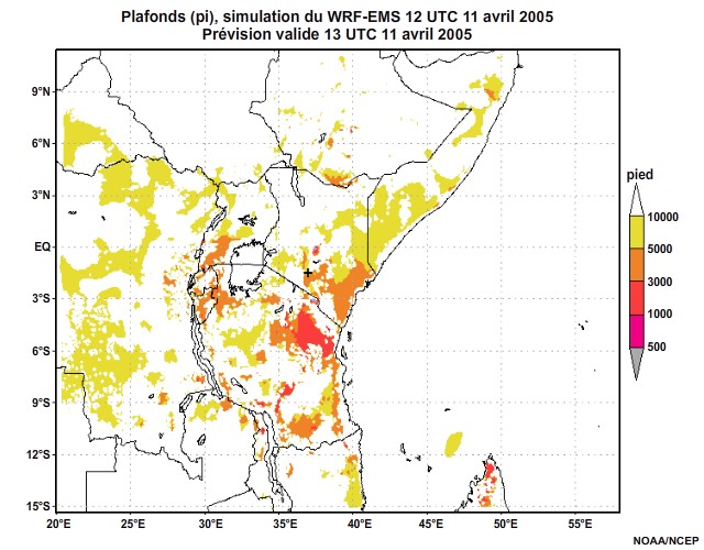  Plafonds nuageux simulés par le modèle WRF-EMS, 12 UTC à 16 UTC, le 11 avril 2005.