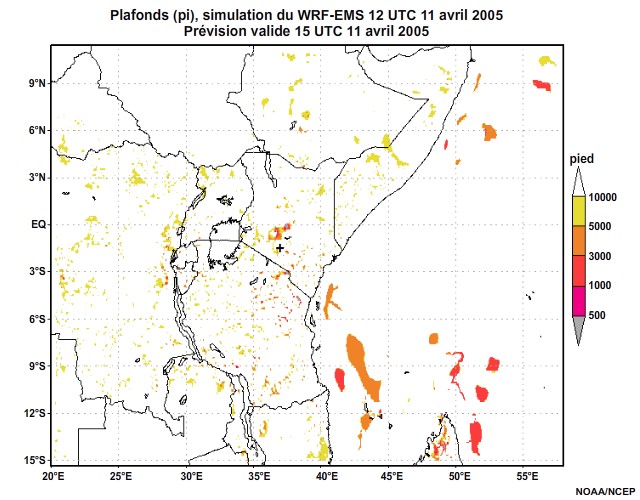  Plafonds nuageux simulés par le modèle WRF-EMS, 12 UTC à 16 UTC, le 11 avril 2005.