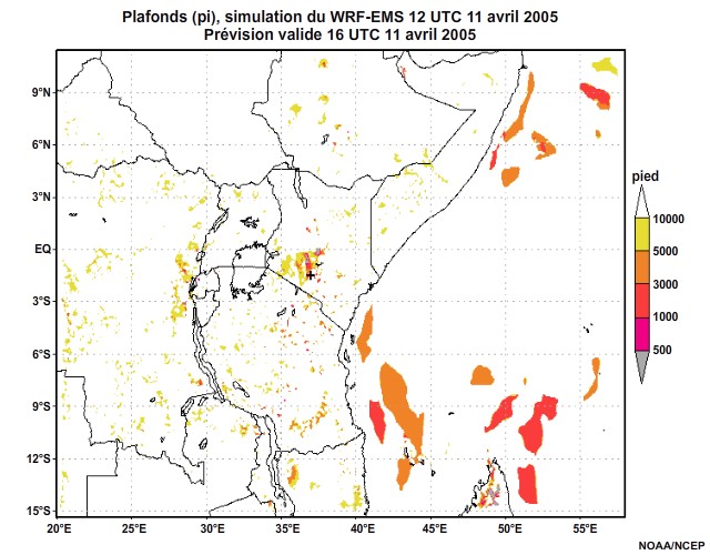  Plafonds nuageux simulés par le modèle WRF-EMS, 12 UTC à 16 UTC, le 11 avril 2005.