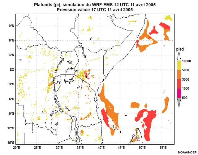  Plafonds nuageux simulés par le modèle WRF-EMS, 12 UTC à 16 UTC, le 11 avril 2005.