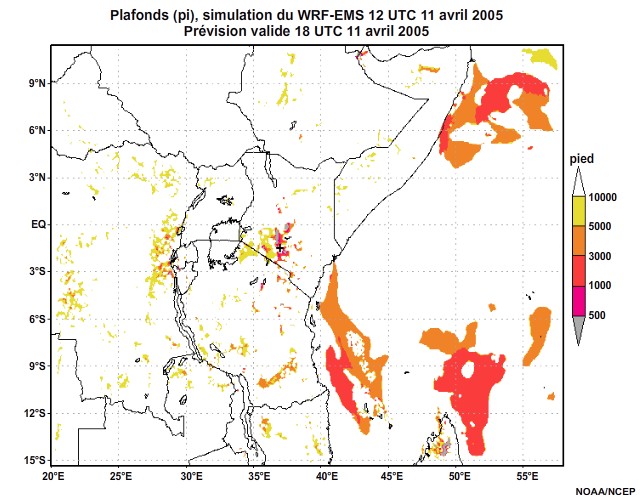  Plafonds nuageux simulés par le modèle WRF-EMS, 12 UTC à 16 UTC, le 11 avril 2005.