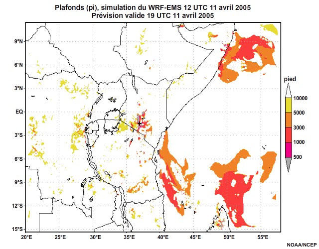  Plafonds nuageux simulés par le modèle WRF-EMS, 12 UTC à 16 UTC, le 11 avril 2005.