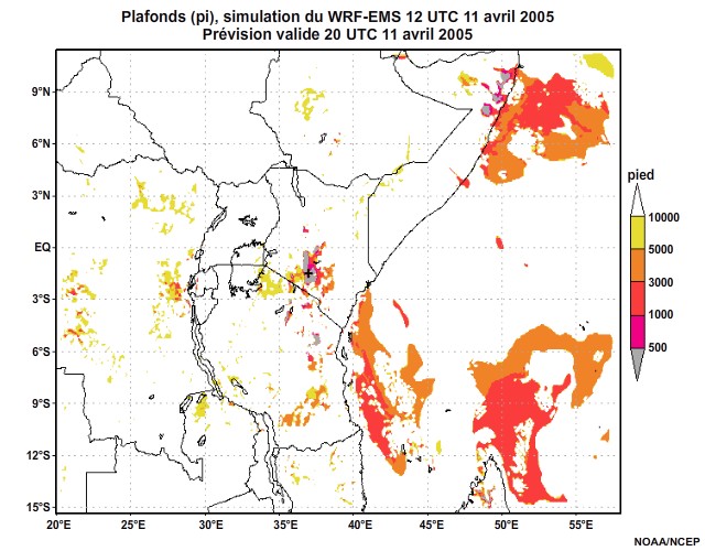  Plafonds nuageux simulés par le modèle WRF-EMS, 12 UTC à 16 UTC, le 11 avril 2005.