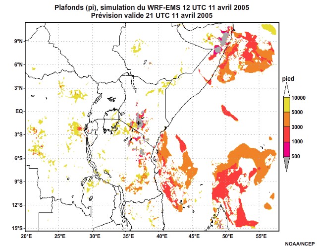  Plafonds nuageux simulés par le modèle WRF-EMS, 12 UTC à 16 UTC, le 11 avril 2005.