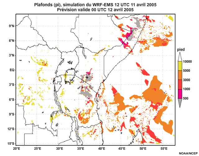  Plafonds nuageux simulés par le modèle WRF-EMS, 12 UTC à 16 UTC, le 11 avril 2005.