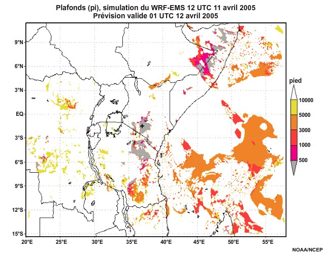  Plafonds nuageux simulés par le modèle WRF-EMS, 12 UTC à 16 UTC, le 11 avril 2005.