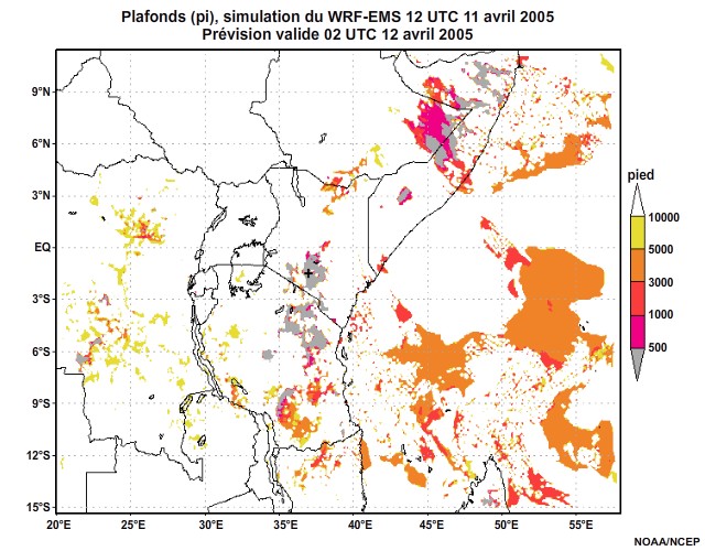  Plafonds nuageux simulés par le modèle WRF-EMS, 12 UTC à 16 UTC, le 11 avril 2005.
