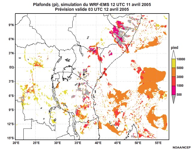  Plafonds nuageux simulés par le modèle WRF-EMS, 12 UTC à 16 UTC, le 11 avril 2005.