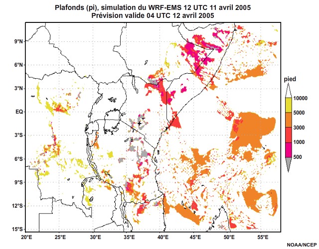  Plafonds nuageux simulés par le modèle WRF-EMS, 12 UTC à 16 UTC, le 11 avril 2005.