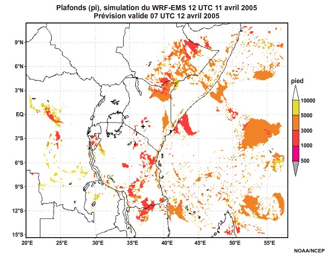  Plafonds nuageux simulés par le modèle WRF-EMS, 12 UTC à 16 UTC, le 11 avril 2005.