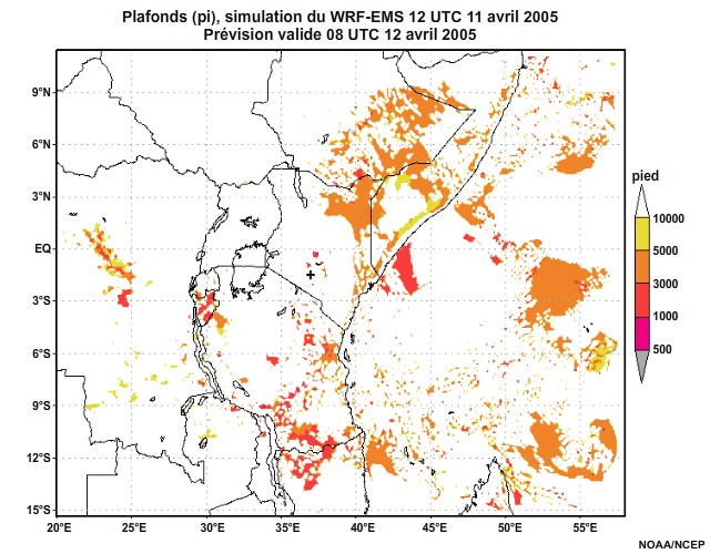  Plafonds nuageux simulés par le modèle WRF-EMS, 12 UTC à 16 UTC, le 11 avril 2005.