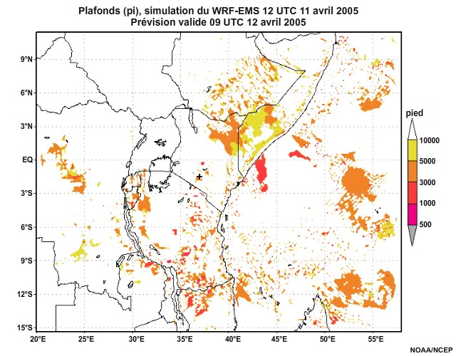  Plafonds nuageux simulés par le modèle WRF-EMS, 12 UTC à 16 UTC, le 11 avril 2005.