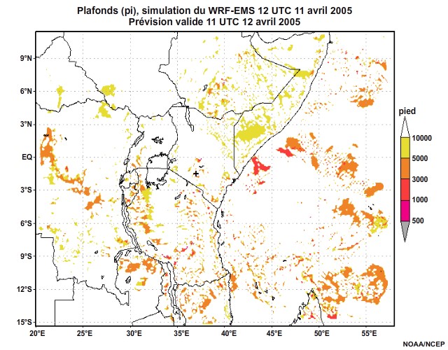  Plafonds nuageux simulés par le modèle WRF-EMS, 12 UTC à 16 UTC, le 11 avril 2005.