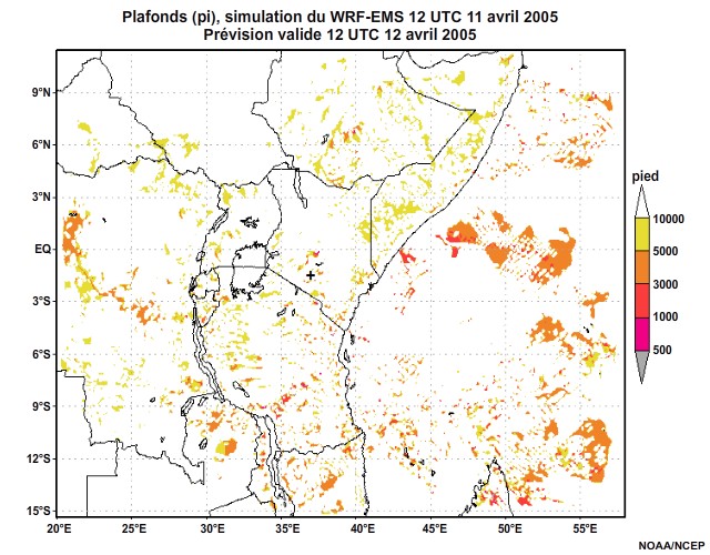  Plafonds nuageux simulés par le modèle WRF-EMS, 12 UTC à 16 UTC, le 11 avril 2005.