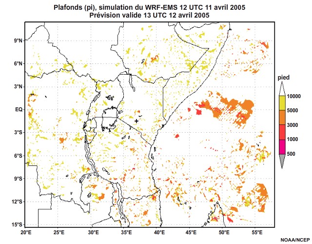 Plafonds nuageux simulés par le modèle WRF-EMS, 12 UTC à 16 UTC, le 11 avril 2005.