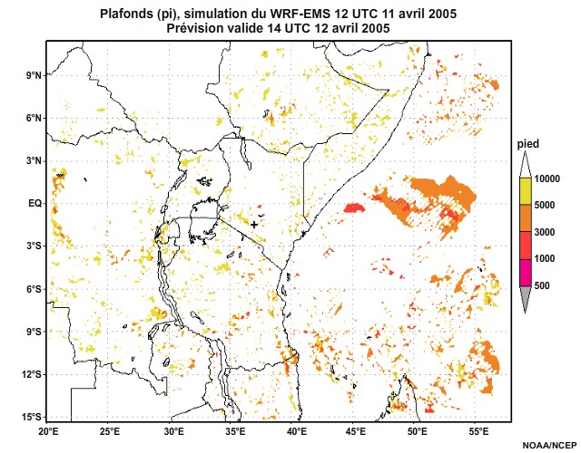  Plafonds nuageux simulés par le modèle WRF-EMS, 12 UTC à 16 UTC, le 11 avril 2005.