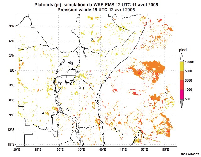  Plafonds nuageux simulés par le modèle WRF-EMS, 12 UTC à 16 UTC, le 11 avril 2005.