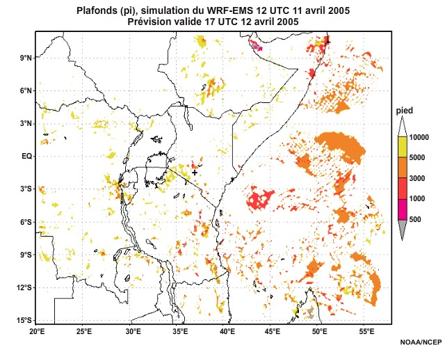  Plafonds nuageux simulés par le modèle WRF-EMS, 12 UTC à 16 UTC, le 11 avril 2005.
