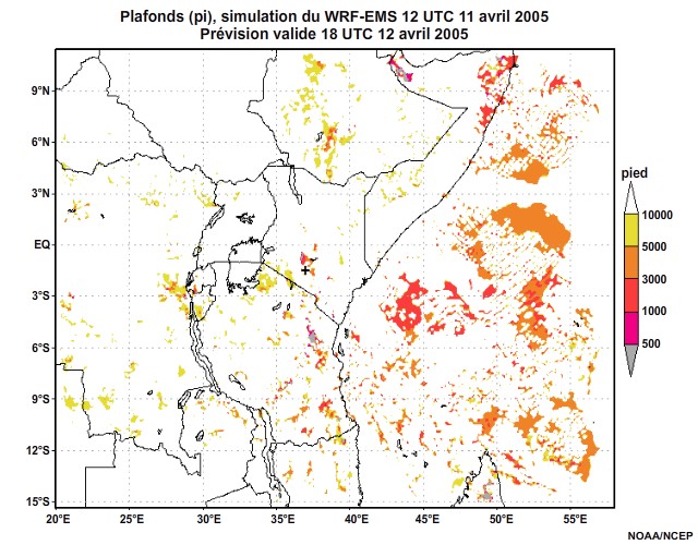  Plafonds nuageux simulés par le modèle WRF-EMS, 12 UTC à 16 UTC, le 11 avril 2005.