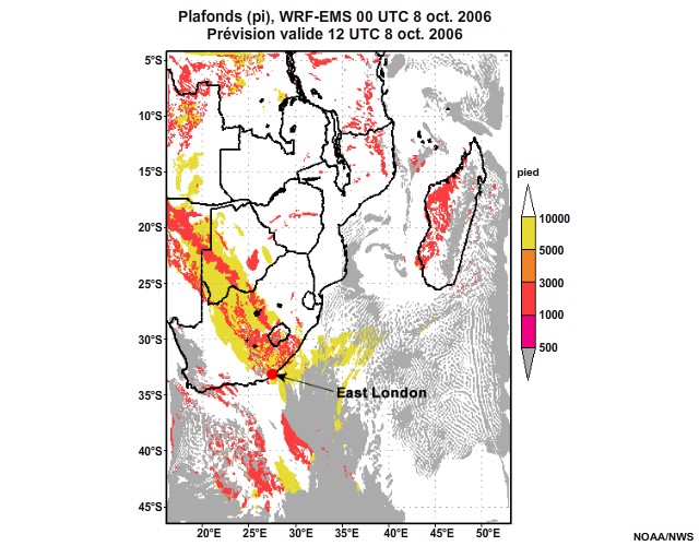 Prvision de plafond nuageux, de 12  30 heures, pour l'Afrique australe, simulation du modle WRF-EMS de 00UTC, le 8 oct. 2006.