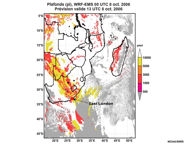 Prévision de plafond nuageux, de 12 à 30 heures, pour l'Afrique australe, simulation du modèle WRF-EMS de 00 UTC, le 8 oct. 2006.