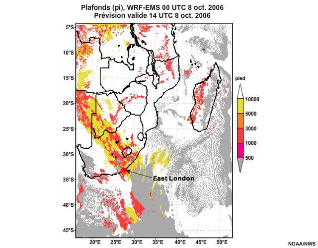 Prévision de plafond nuageux, de 12 à 30 heures, pour l'Afrique australe, simulation du modèle WRF-EMS de 00 UTC, le 8 oct. 2006.