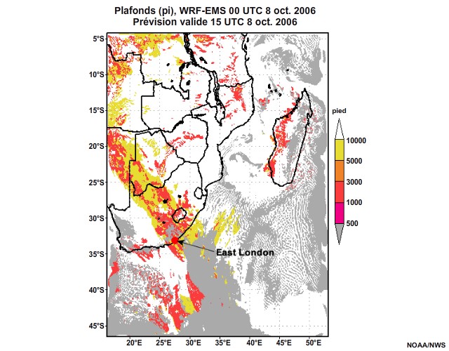 Prévision de plafond nuageux, de 12 à 30 heures, pour l'Afrique australe, simulation du modèle WRF-EMS de 00 UTC, le 8 oct. 2006.