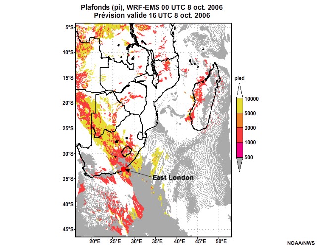 Prévision de plafond nuageux, de 12 à 30 heures, pour l'Afrique australe, simulation du modèle WRF-EMS de 00 UTC, le 8 oct. 2006.