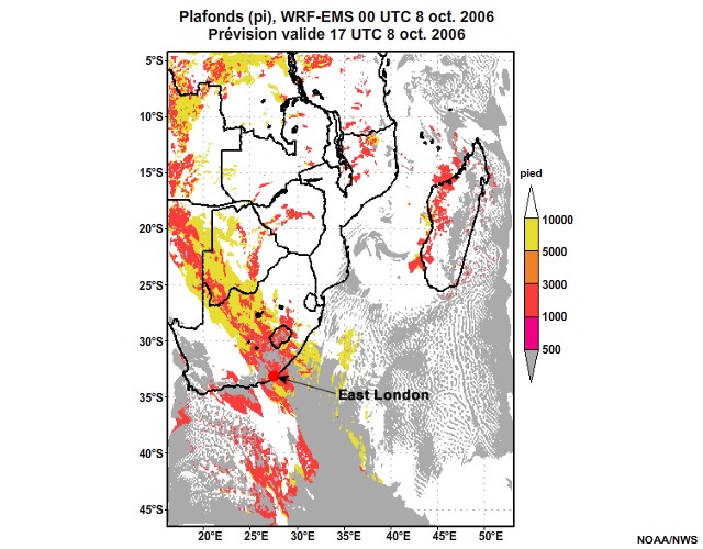 Prévision de plafond nuageux, de 12 à 30 heures, pour l'Afrique australe, simulation du modèle WRF-EMS de 00 UTC, le 8 oct. 2006.