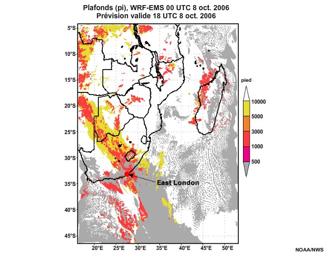 Prévision de plafond nuageux, de 12 à 30 heures, pour l'Afrique australe, simulation du modèle WRF-EMS de 00 UTC, le 8 oct. 2006.