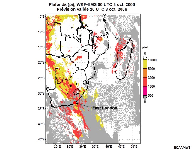 Prévision de plafond nuageux, de 12 à 30 heures, pour l'Afrique australe, simulation du modèle WRF-EMS de 00 UTC, le 8 oct. 2006.
