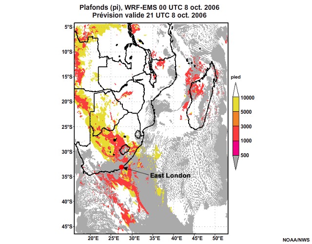 Prévision de plafond nuageux, de 12 à 30 heures, pour l'Afrique australe, simulation du modèle WRF-EMS de 00 UTC, le 8 oct. 2006.