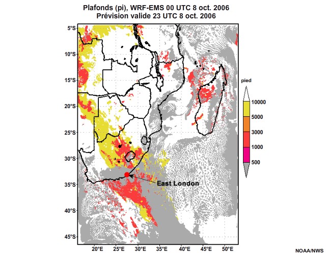 Prévision de plafond nuageux, de 12 à 30 heures, pour l'Afrique australe, simulation du modèle WRF-EMS de 00 UTC, le 8 oct. 2006.