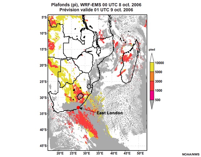 Prévision de plafond nuageux, de 12 à 30 heures, pour l'Afrique australe, simulation du modèle WRF-EMS de 00 UTC, le 8 oct. 2006.
