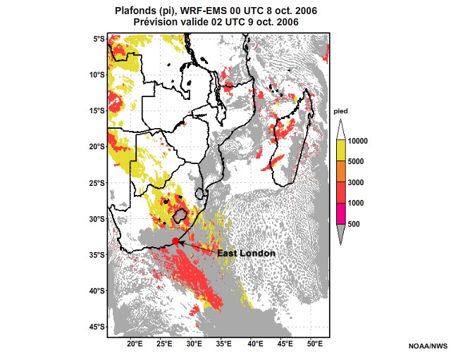 Prévision de plafond nuageux, de 12 à 30 heures, pour l'Afrique australe, simulation du modèle WRF-EMS de 00 UTC, le 8 oct. 2006.