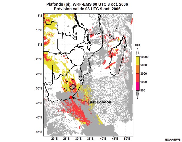 Prévision de plafond nuageux, de 12 à 30 heures, pour l'Afrique australe, simulation du modèle WRF-EMS de 00 UTC, le 8 oct. 2006.
