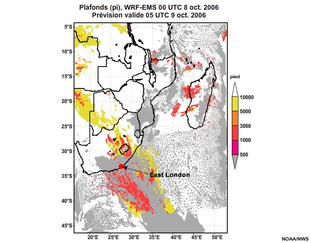 Prévision de plafond nuageux, de 12 à 30 heures, pour l'Afrique australe, simulation du modèle WRF-EMS de 00 UTC, le 8 oct. 2006.