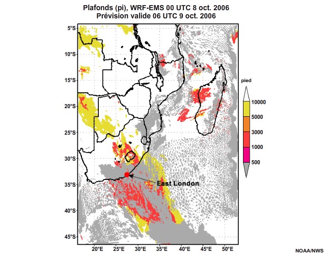 Prévision de plafond nuageux, de 12 à 30 heures, pour l'Afrique australe, simulation du modèle WRF-EMS de 00 UTC, le 8 oct. 2006.