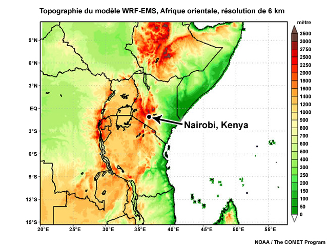 Topographie du domaine est-africain du modèle WRF-EMS, à une résolution de 6 km.