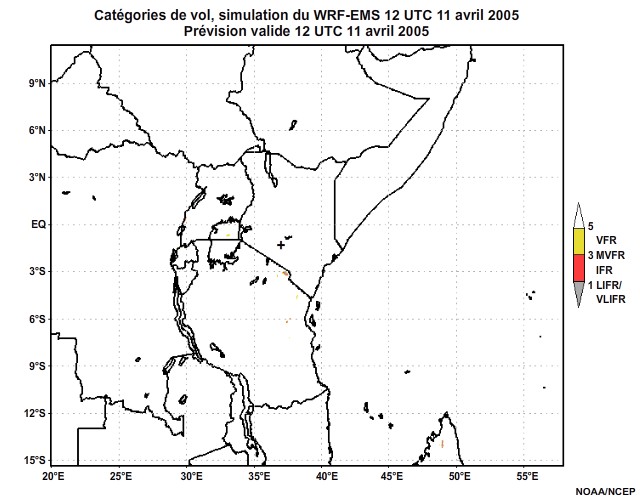 Diagnostic de catgorie de vol issu du modle WRF-EMS, pour l'Afrique orientale, simulation de 12UTC, le 11 avril 2005.  Animation  intervalles d'une heure, finissant  18UTC, le 12 avril 2005.