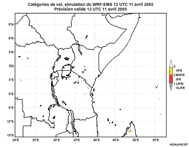 Diagnostic de catégorie de vol issu du modèle WRF-EMS, pour l'Afrique orientale, simulation de 12 UTC, le 11 avril 2005. Prévision valide à 22 UTC, le 11 avril 2005.